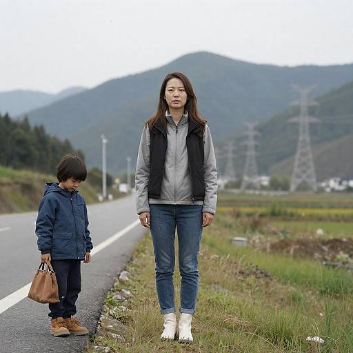 Mother and Child by Grassy Roadside
