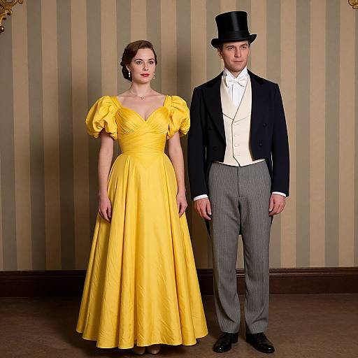 Photograph of a woman in a bright yellow ball gown and a man in a black top hat, white shirt, and gray pants, standing against striped