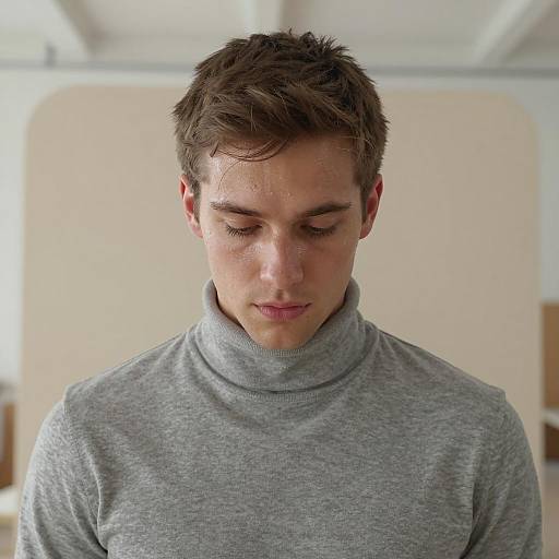 Young man in gray turtleneck looking down