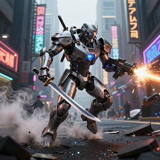 Android Samurai Sprinting Through Neon Ruins