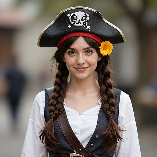Photograph of a young girl with fair skin, dark braided hair, wearing a black pirate hat with a skull and crossbones, a white shirt