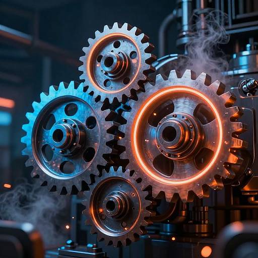 Photograph of three metallic gears with blue and orange neon lights, emitting steam, in a dark industrial setting.