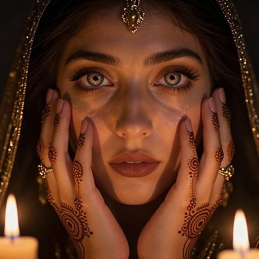 Photograph of a woman with mesmerizing green eyes, dark hair, and intricate henna designs on her hands, illuminated by candlelight, with a