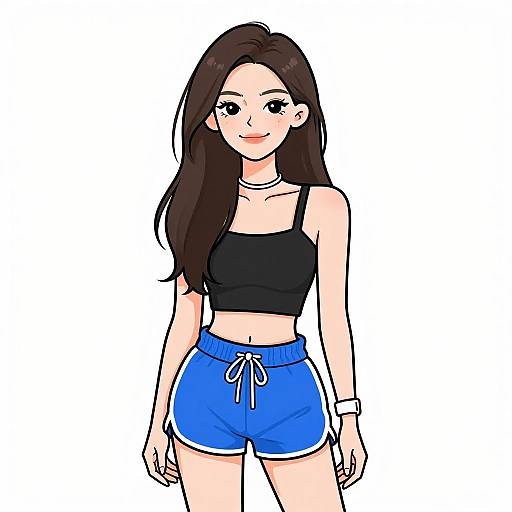 Digital anime-style drawing of a smiling young woman with long dark brown hair, wearing a black crop top and blue shorts with white trim.
