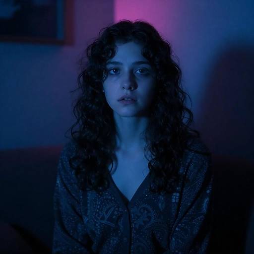 Blue-lit Somber Portrait with Neon Backlight