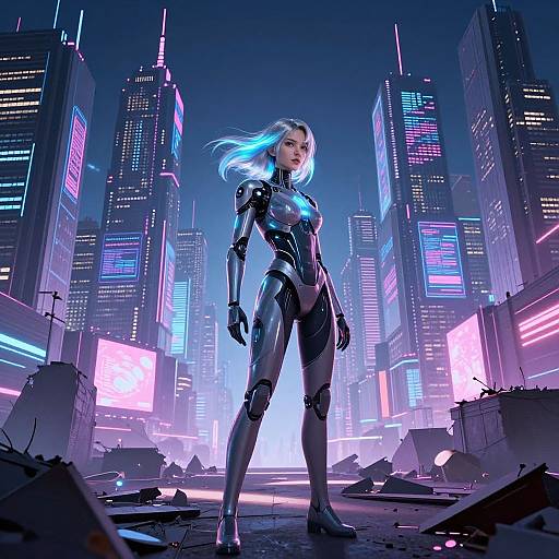 CGI image of a blonde woman in a shiny, black, futuristic bodysuit, standing confidently in a neon-lit, ruined cityscape.