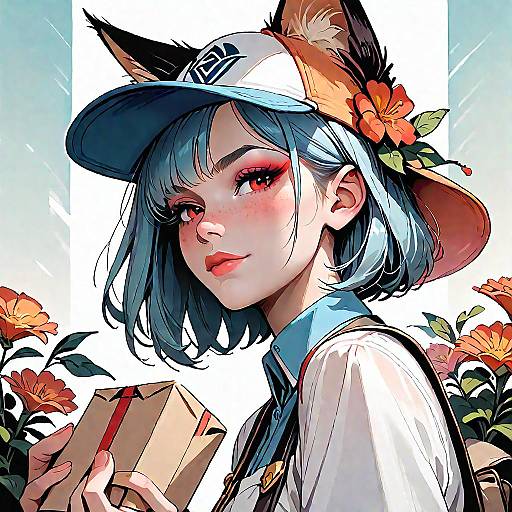 Stylized Delivery Girl with Fox Ears Holding Box