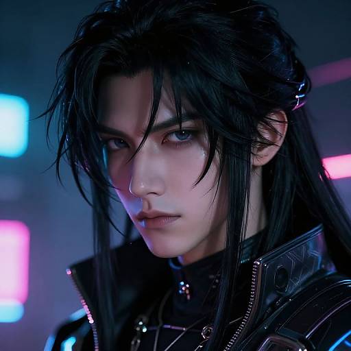Digital artwork of a serious, pale-skinned young man with black, messy hair, wearing a dark, futuristic leather jacket, illuminated by neon blue and