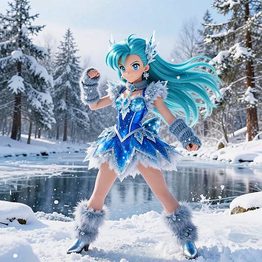 Digital anime-style illustration of a blue-haired, ice-themed warrior girl in a snowy forest, standing in a frozen river, wearing a blue and white dress