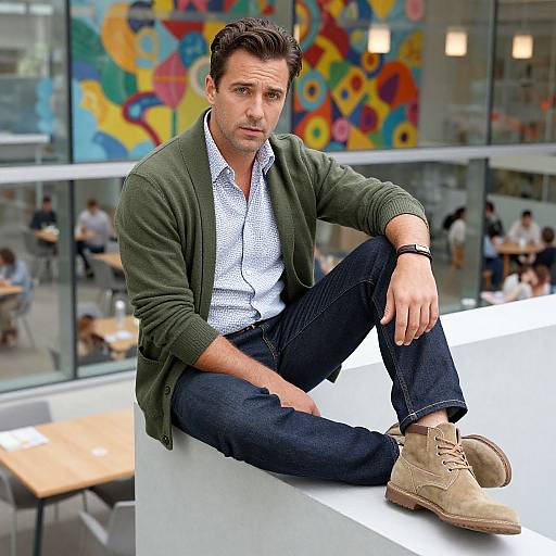 Photograph of a handsome, brown-haired man in a green cardigan, white shirt, blue jeans, and beige boots, sitting on a white ledge
