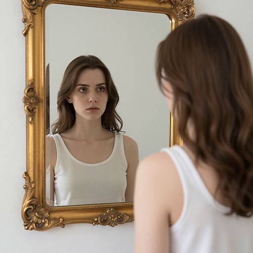 Photograph of a young woman with wavy brown hair, wearing a white tank top, standing in front of an ornate gold-framed mirror,