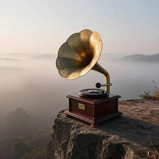 Vintage brass gramophone with golden horn on wooden stand, perched on cliff edge, overlooking misty mountain landscape at sunrise.