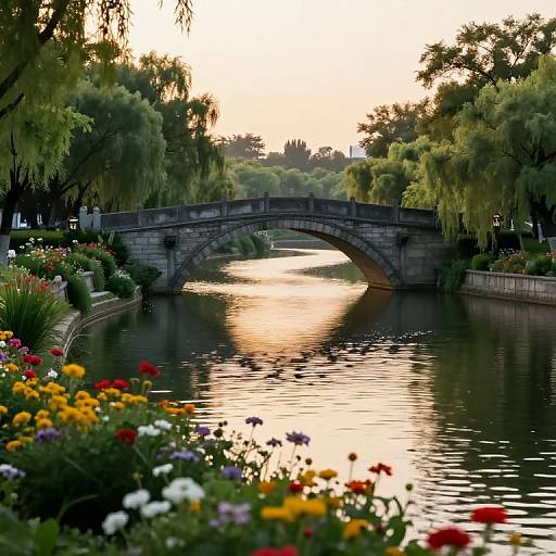Serene Riverside Dawn with Stone Bridge