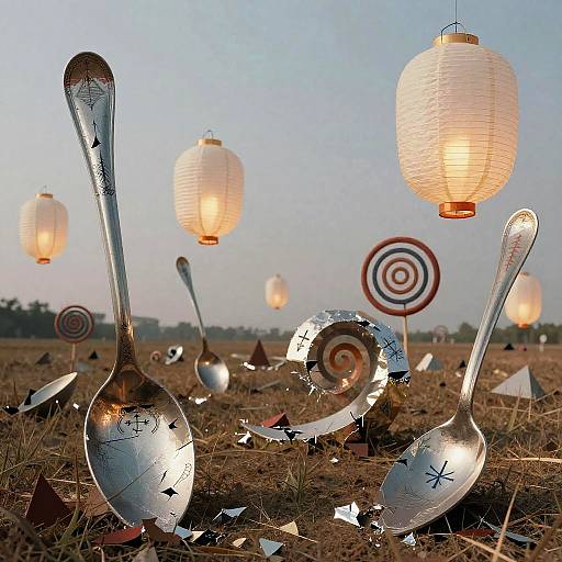 Surreal Dadaist Landscape with Elongated Spoons and Lanterns