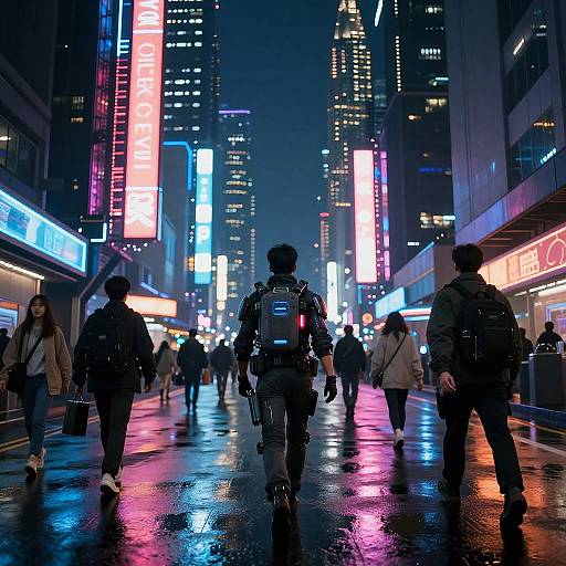 Photograph of a bustling, neon-lit city street at night, with people walking on a reflective, wet sidewalk, surrounded by colorful, illuminated bill