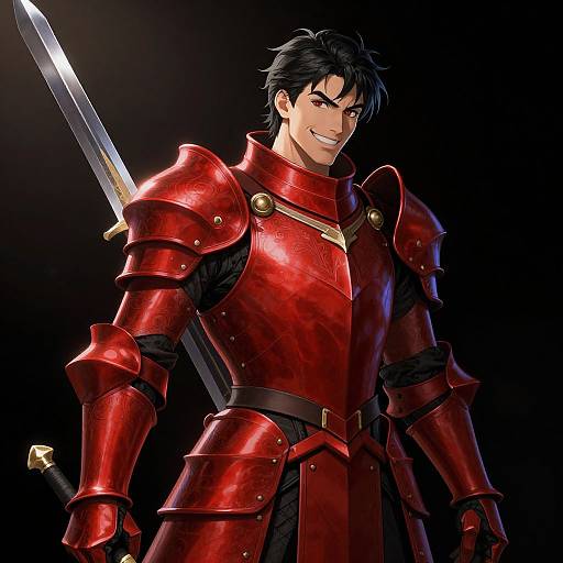 Digital anime-style drawing of a confident, black-haired man in shiny red armor with a sword sheathed on his back.