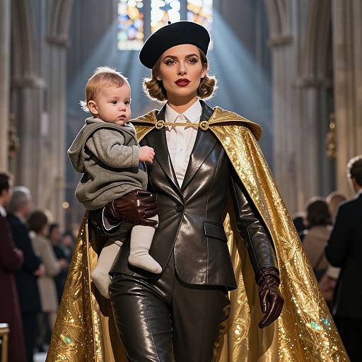 Photograph of a woman in a black leather suit, gold cape, and black beret, carrying a baby in a gray hoodie, inside a grand