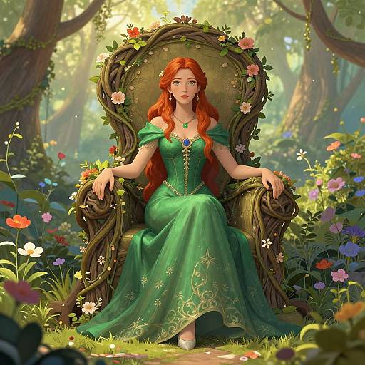 Digital artwork of a red-haired woman in a green, ornate dress sitting on a floral, twisted wooden throne in a sunlit forest, surrounded by