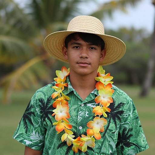 Photograph of a young boy with tan skin, wearing a straw hat, green tropical shirt, and orange-yellow flower lei, standing outdoors with blurred palm