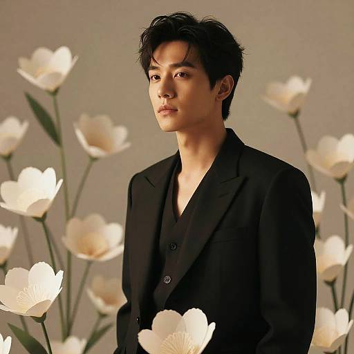 Photograph of an Asian man with short, messy black hair in a black suit, standing among glowing white flowers.