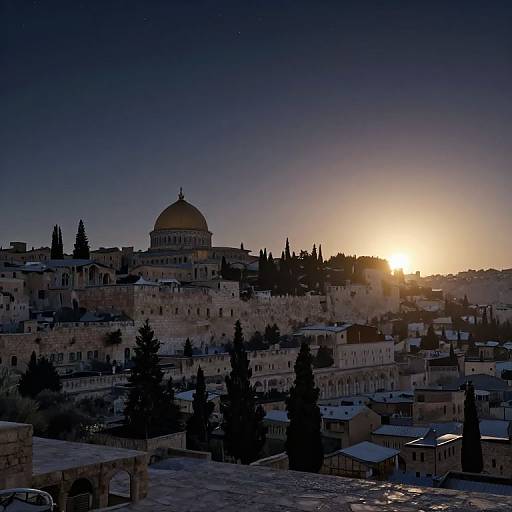 Photograph of Jerusalem at sunset, showcasing the Dome of the Rock in silhouette, surrounded by sunlit ancient buildings and dark trees.