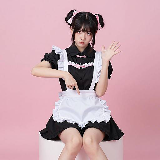 Young Woman in Maid Outfit Pointing Down