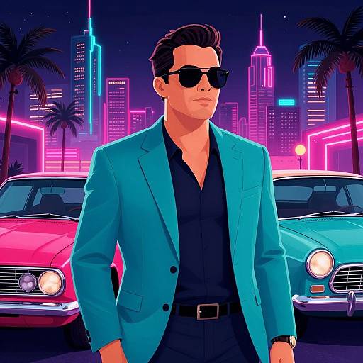 Confident Man in 80s Synthwave City