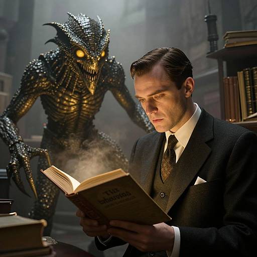 Photorealistic CGI: Intense, dark-haired man in black suit reading book, glowing-eyed, scaly, monstrous figure looming behind in foggy