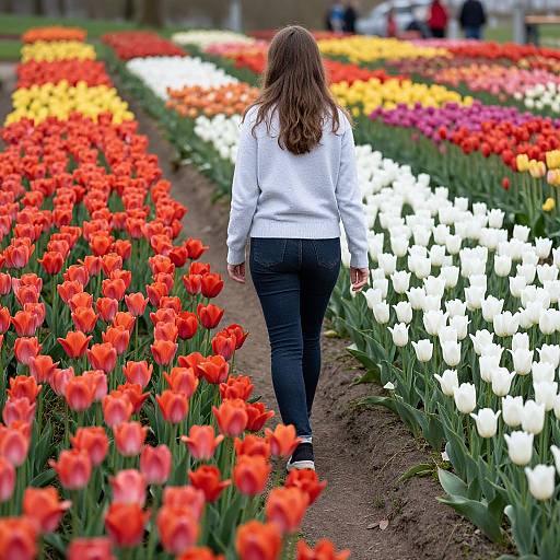 Woman Walking Through Colorful Tulips