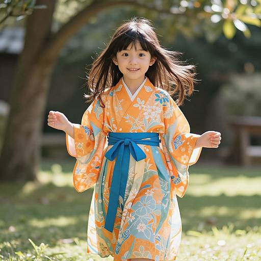 Young Girl in Vibrant Kimono Garden