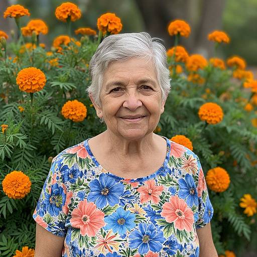 Photograph of an elderly woman with short gray hair, wearing a colorful floral shirt, standing in front of vibrant orange marigolds.