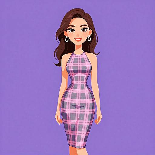 Digital illustration of a smiling woman with long brown hair, wearing a form-fitting, sleeveless, pink plaid dress, and silver hoop earrings,