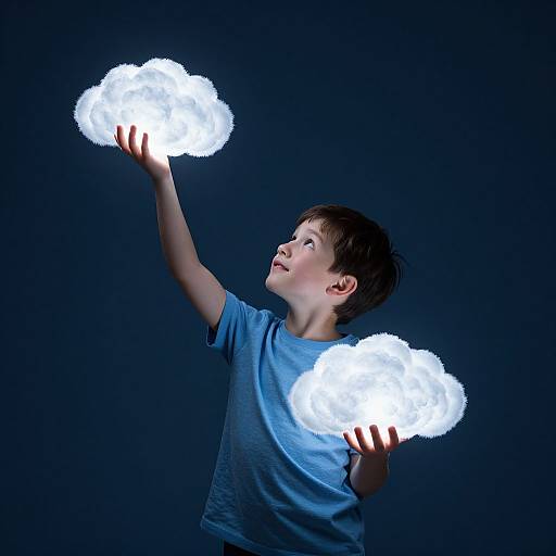 Photograph of a young boy with short brown hair, wearing a blue shirt, holding glowing white clouds in both hands, against a dark blue background.
