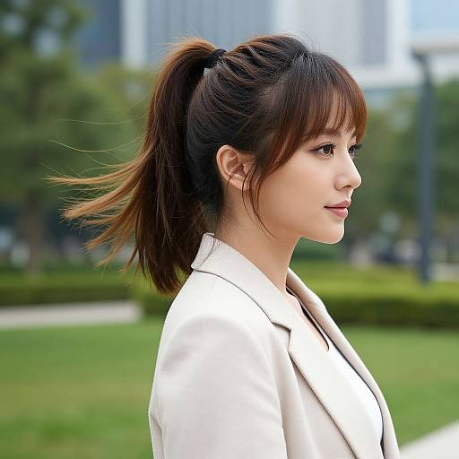 Photograph of an Asian woman with fair skin, brown hair in a ponytail, wearing a white blazer, smiling in profile, against a blurred