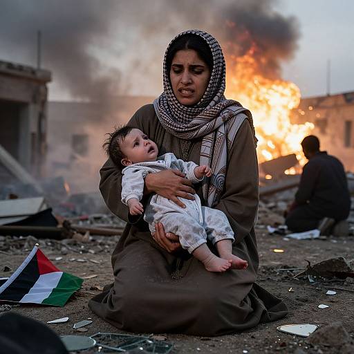 Photograph of a Middle Eastern woman in a brown dress and patterned headscarf, cradling a baby in white clothes, amidst a war