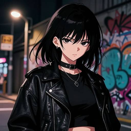 Anime-style digital drawing of a serious, black-haired girl in a leather jacket and choker, standing in a graffiti-covered urban night street.
