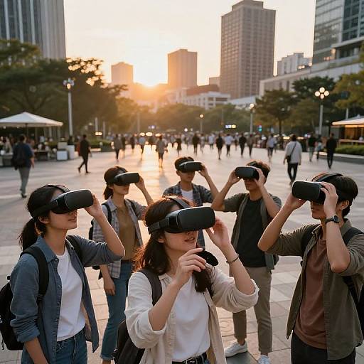 Photograph of six Asian young adults wearing VR headsets, standing in a busy urban plaza at sunset, surrounded by people and tall buildings.