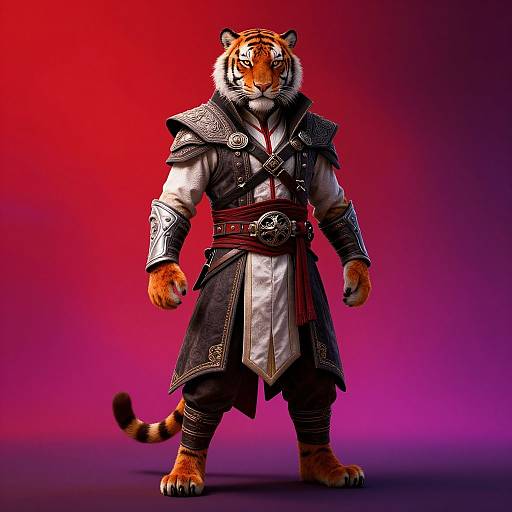 CGI anthropomorphic tiger in medieval armor with intricate silver patterns, standing confidently against a vibrant red-to-pink gradient background.