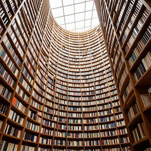 Photograph of a grand, circular library with towering, wooden bookshelves filled with colorful books, under a large, glass skylight.