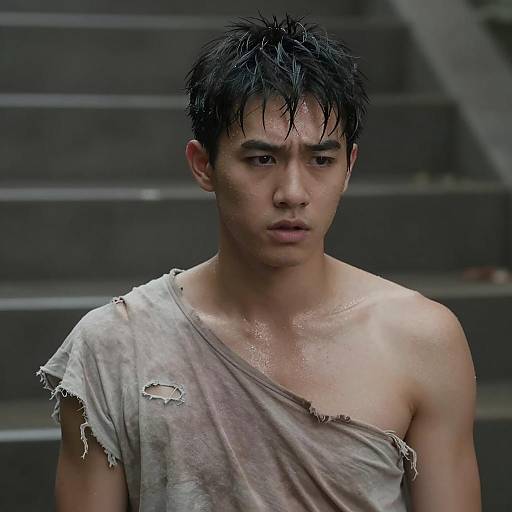 Young Man with Torn Shirt on Stone Steps