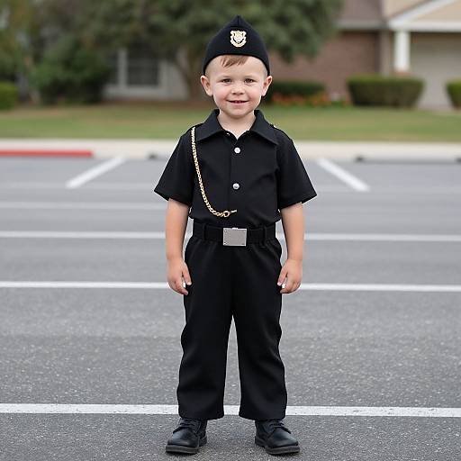 Photograph of a smiling young boy in a black police uniform with a cap, standing on an empty asphalt road.