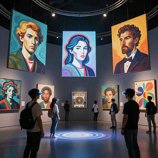 Photograph of a modern art gallery with brightly colored portraits on walls, viewers examining paintings, neon circular floor design, dark lighting.