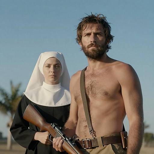 Serious Duo: A Man and Nun Photograph