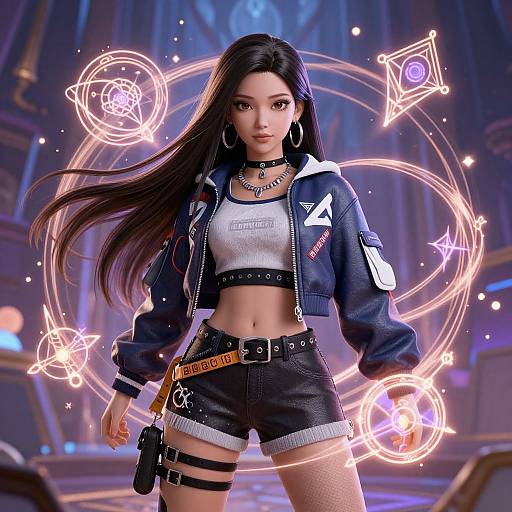Digital art of a confident Asian woman with long black hair, wearing a blue jacket, white crop top, black shorts, and harness, surrounded by neon