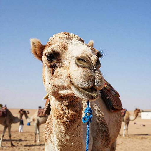 Close-up photograph of a smiling camel with a blue rope, sandy desert background, clear blue sky, other camels and people in the blurry distance.