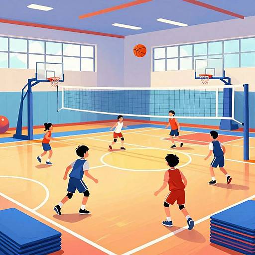 Digital illustration of six children playing basketball and volleyball in a brightly lit, colorful gym with orange and blue floors.