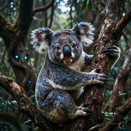 Photograph of a koala with blue bioluminescent spots, clinging to a tree in a dense, sunlit forest. Koala's fluffy