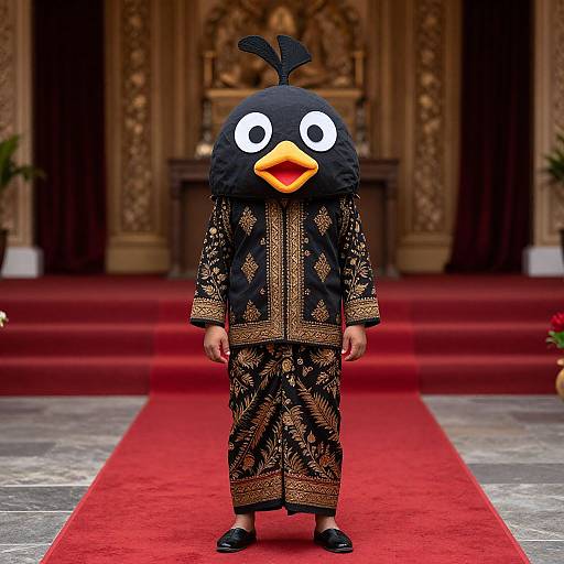 Photograph of a person in a black penguin costume with white eyes and orange beak, wearing ornate black and gold traditional clothing, standing on