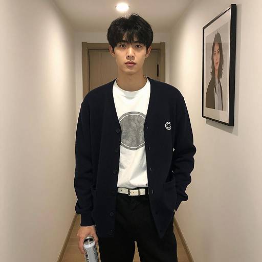 Young Man in Blue Cardigan in Hallway