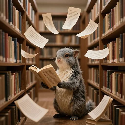 Photograph of a fluffy, gray-and-white ferret reading in a narrow, book-filled library aisle with floating, glowing book pages.